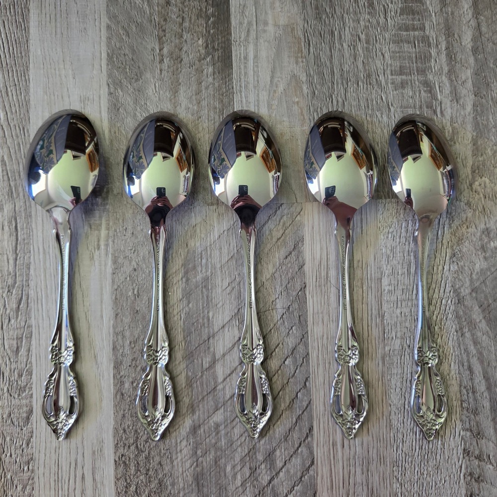 Oneida Raphael Distinction Deluxe Stainless Place Soup Spoon Set of 5 Floral HH - Picture 7 of 7